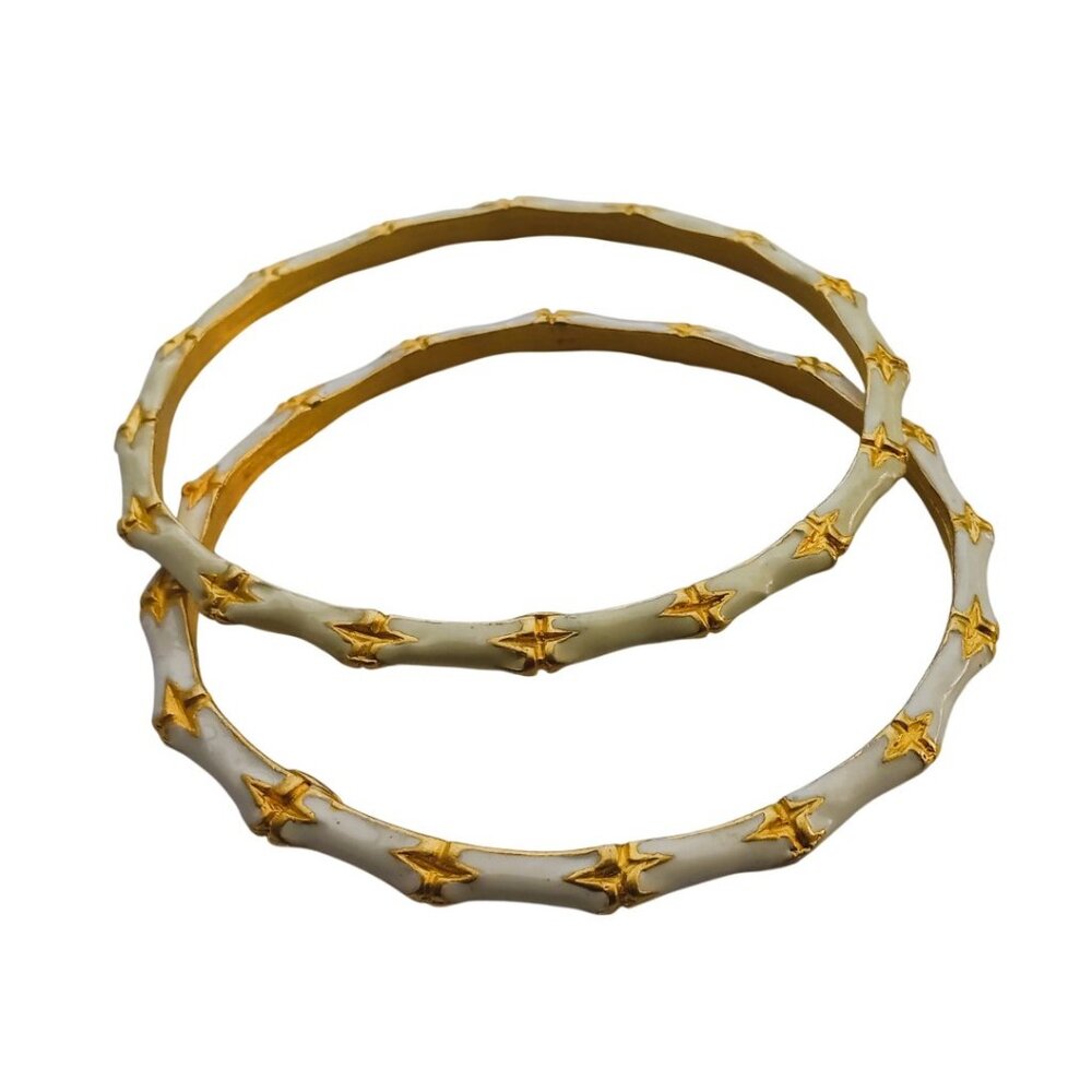 KJL Kenneth J Lane "Bamboo" Bracelets 2x White Enamel w Gold Leaf + Wash
